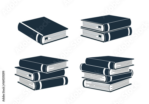 Vector illustration of photo of a collection of stylized dark blue book icons in various stacks and arrangements, isolated on a white background