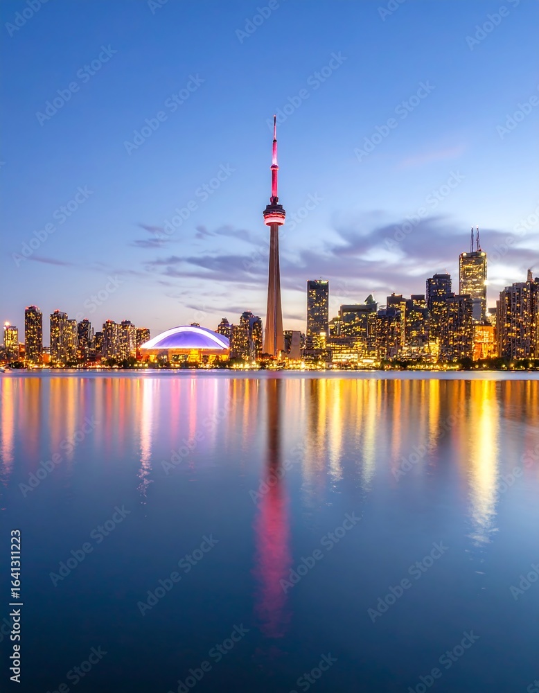 Obraz premium City skyline at dusk reflected in water