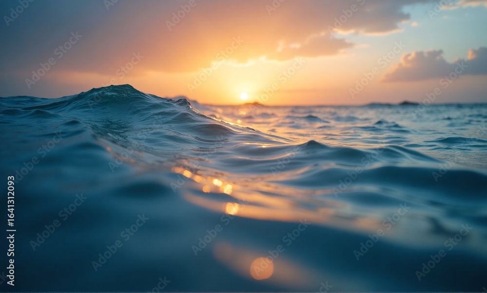 Fototapeta premium Close-up view of dynamic ocean water at sunset, featuring gentle waves and golden light reflections.