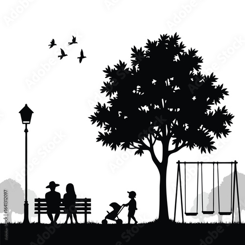 Black silhouette of family in park with swings and tree