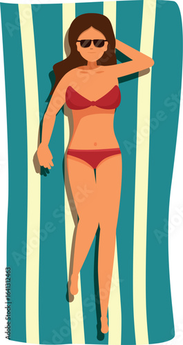 Woman wearing sunglasses and a red bikini sunbathing on a striped beach towel