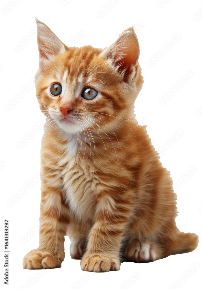 Obraz premium Curious orange tabby kitten sits on a white background looking attentively at its surroundings