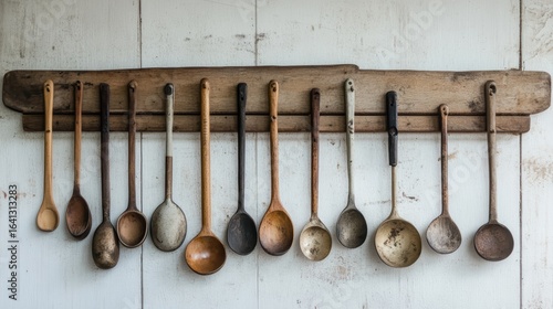 A collection of wooden and metal spoons hanging on a rustic wooden rack, showcasing various sizes and shapes in a charming kitchen setting.