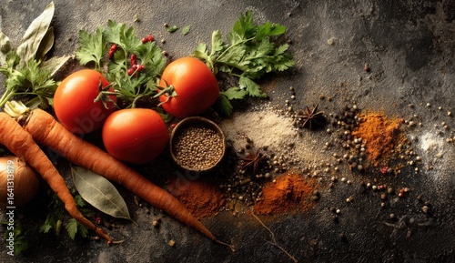 Fresh vegetables, spices, and herbs on dark surface; cooking preparation, food blog, recipe