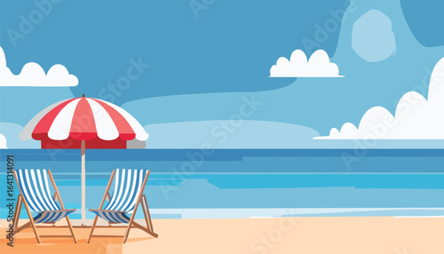 Summer beach illustration with umbrella and deck chairs by the sea
