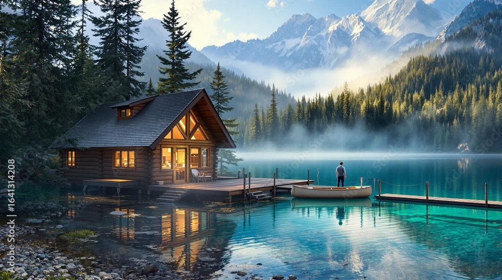 Fototapeta premium Mountain Lake Cabin Retreat