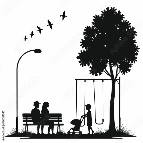 Family enjoying park with swings and stroller silhouette 4