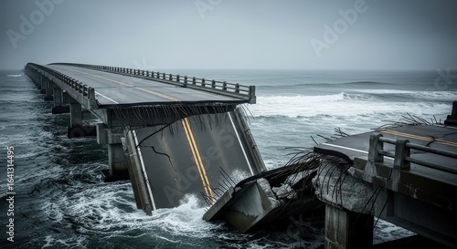 Collapsed ocean bridge due to storm damage