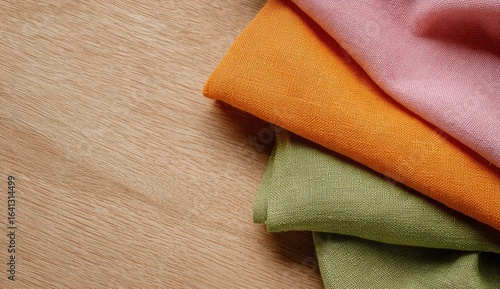 Colorful linen fabrics on wood, crafting background, textile texture