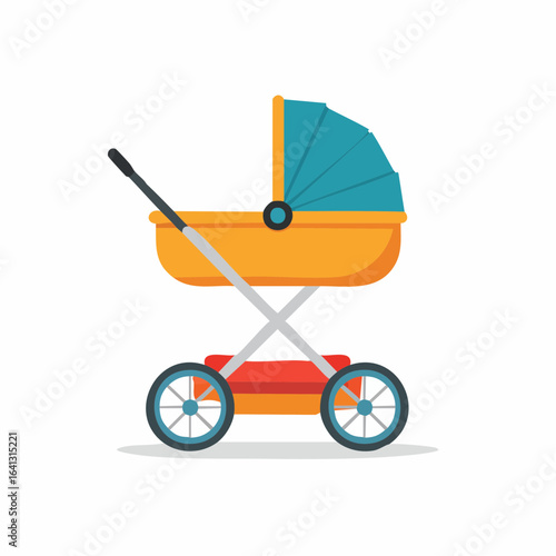 Bright orange and teal baby carriage with a canopy and wheels