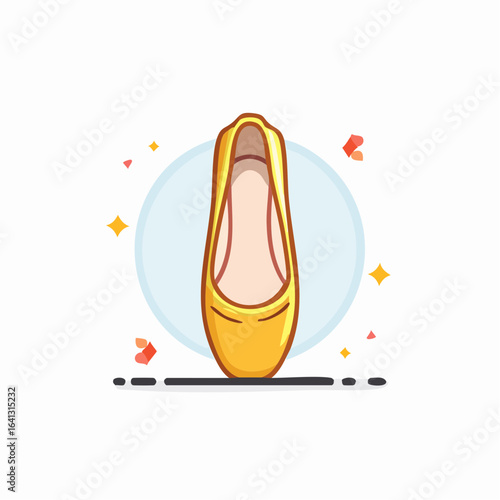 Cute cartoon illustration of a single yellow ballet pointe shoe with sparkles