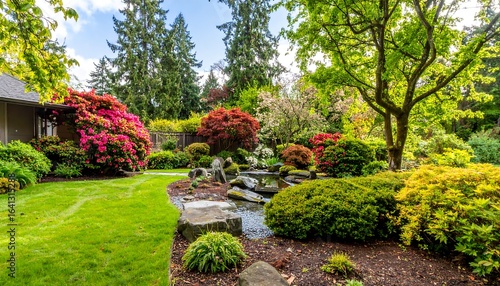 Fototapeta Naklejka Na Ścianę i Meble -  Lush garden with water feature and colorful blooms