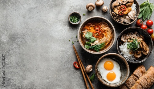 Asian noodle soup, rice bowls, eggs, bread, overhead shot, grey background, food photography, menu