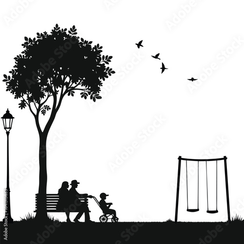 Family enjoying park with swings and street lamp silhouette