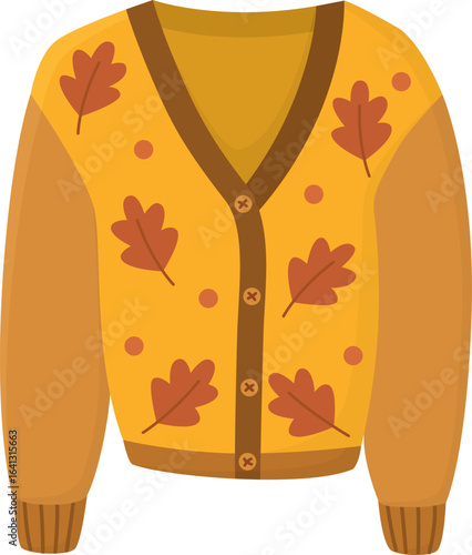 Warm autumn cardigan with leaves pattern. Illustration of stylish cozy knitted sweater 