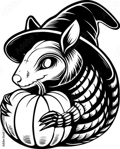 SVG of Halloween rodents wearing witch hats and posing with pumpkins. Witching Armadillo with Pumpkin in Black and White Illustration