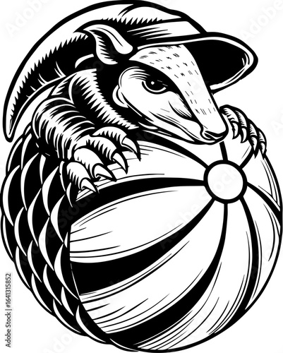 SVG of Halloween rodents wearing witch hats and posing with pumpkins. Armadillo with Hat and Beach Ball in Black and White Illustration