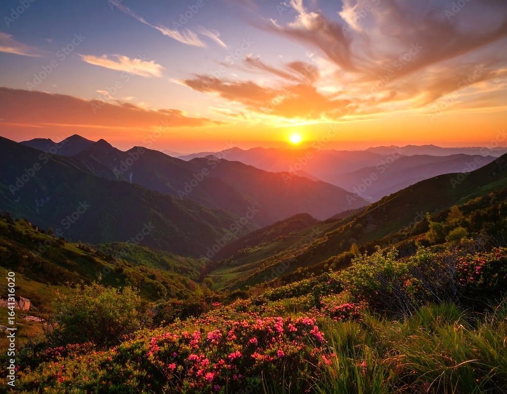 Obraz premium Mountain sunset view with flowers