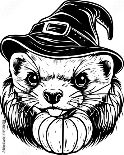 SVG of Halloween rodents wearing witch hats and posing with pumpkins. Ferret with Wizard Hat Magical Fantasy Animal Illustration