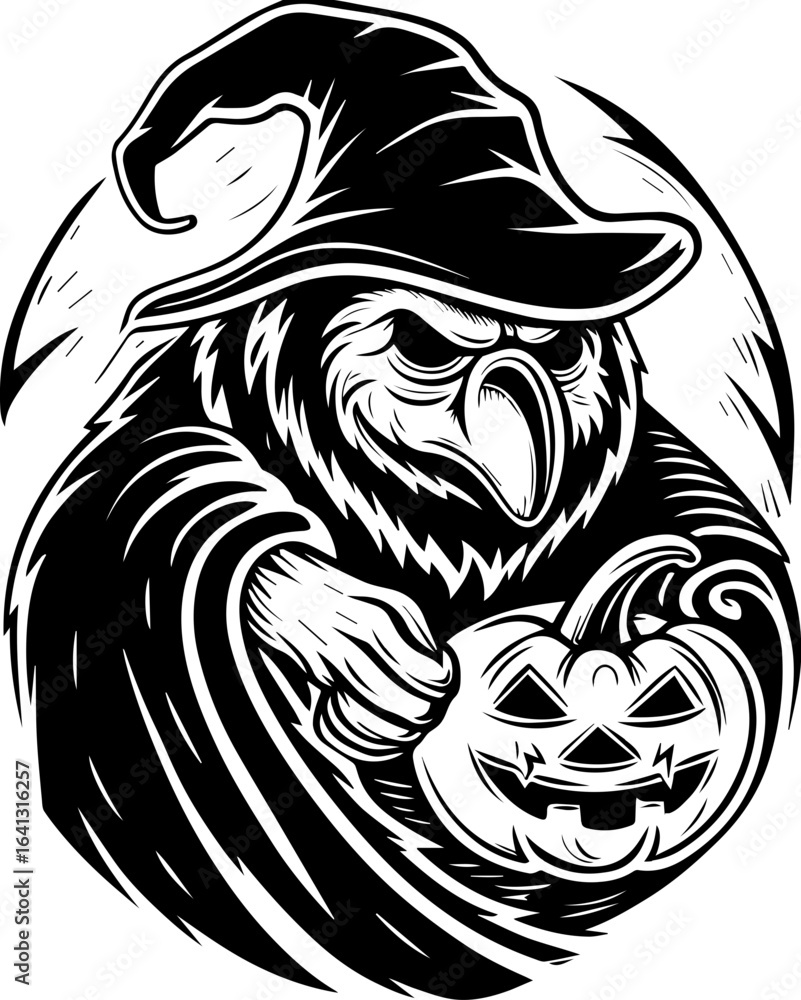 Obraz premium SVG of Halloween rodents wearing witch hats and posing with pumpkins. Spooky Owl in Witch Hat Holding Halloween Pumpkin Illustration