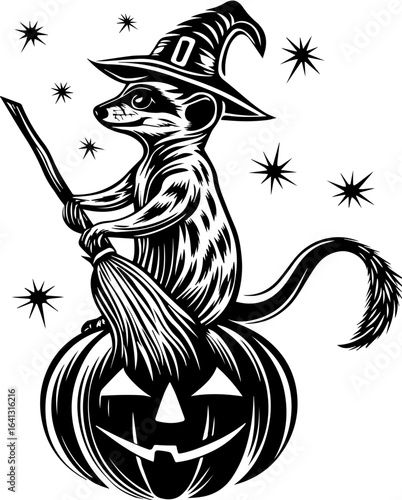 SVG of Halloween rodents wearing witch hats and posing with pumpkins. Mischievous Meerkat in Witch Hat Riding Pumpkin Halloween Broomstick