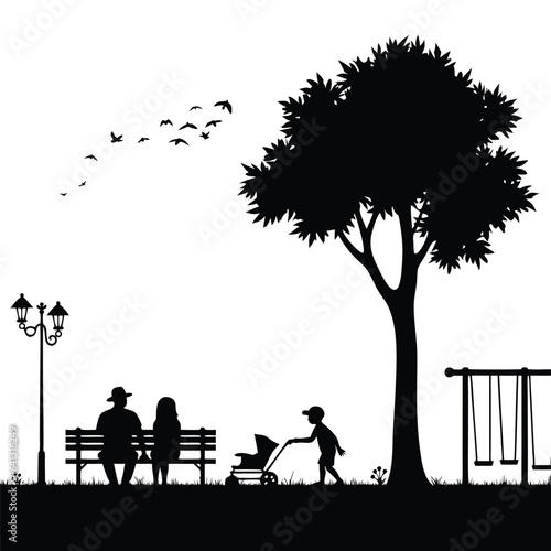 Park scene silhouette with family and swings tree