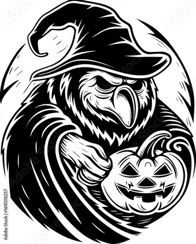 SVG of Halloween rodents wearing witch hats and posing with pumpkins. Spooky Owl in Witch Hat Holding Halloween Pumpkin Illustration