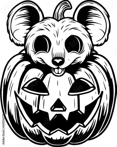 SVG of Halloween rodents wearing witch hats and posing with pumpkins. Halloween Mouse Sits on Pumpkin in Black and White Line Art Design