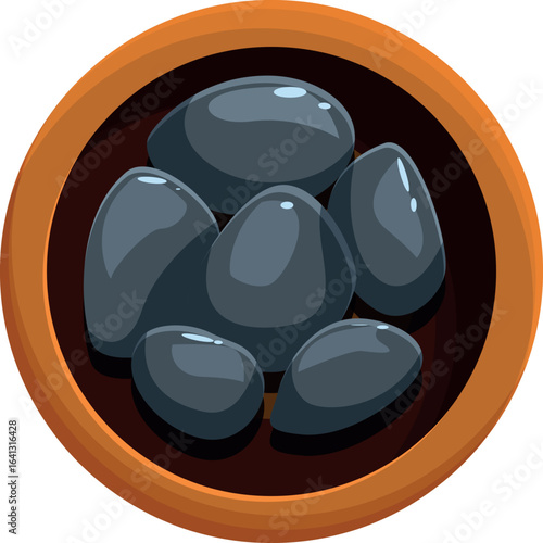 Polished grey massage stones are relaxing in a wooden bowl, ready for a spa treatment