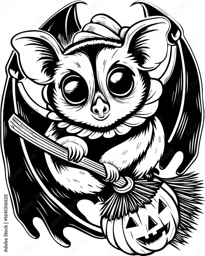 Obraz premium SVG of Halloween rodents wearing witch hats and posing with pumpkins. Whimsical Bat Character with Pumpkin and Broom for Halloween Decor