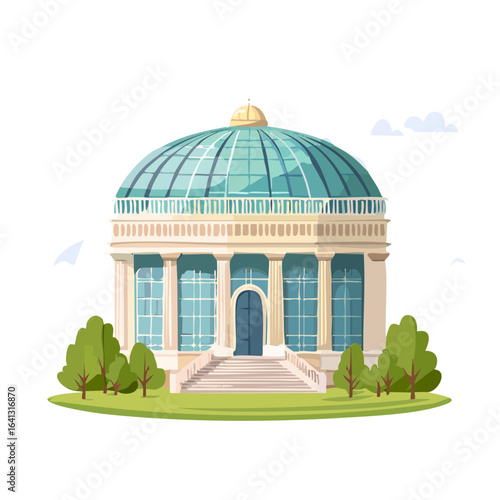 Classic glass conservatory botanical garden illustration architecture landmark exterior facade trees lawn