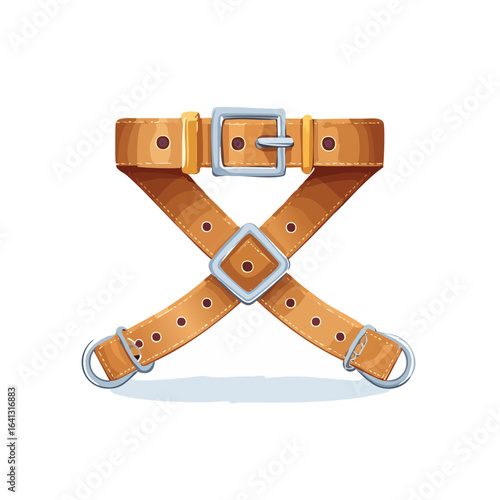 Leather harness straps crossed with buckle cartoon style illustration equipment accessory fashion symbol brown color