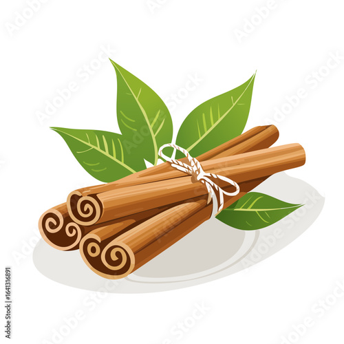 Cinnamon sticks on a plate with green leaves brown spices and seasoning cuisine aroma