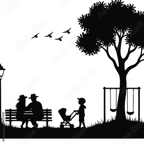 Silhouette family in park with tree swings and birds