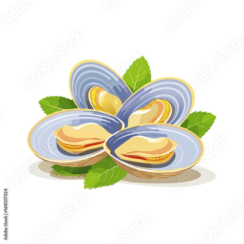 Fresh Mussels with Mint Leaves Seafood Gastronomy Illustration Aquatic Cuisine Gourmet Food Clam Delicacy