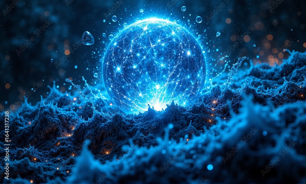 Fototapeta premium A luminous blue energy sphere emanates intense light, rising from a vibrant, alien landscape amidst a cosmic glow.