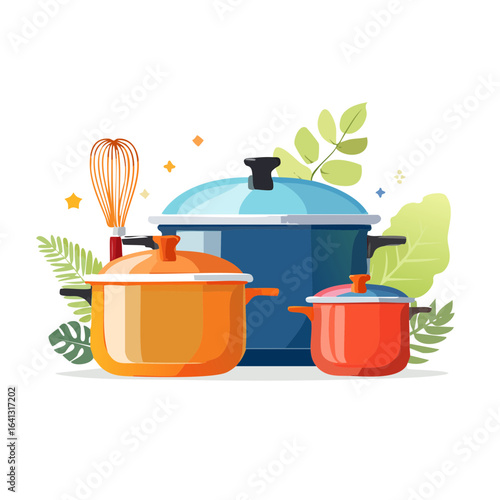Cooking pots and whisk kitchen tools with plant elements flat design vector illustration