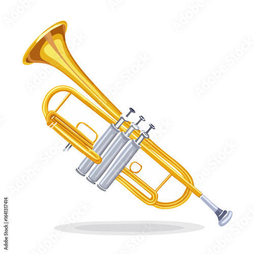 Isolated gold and silver trumpet illustration music instrument for jazz or concert. Brass wind instrument cartoon design on dark background.