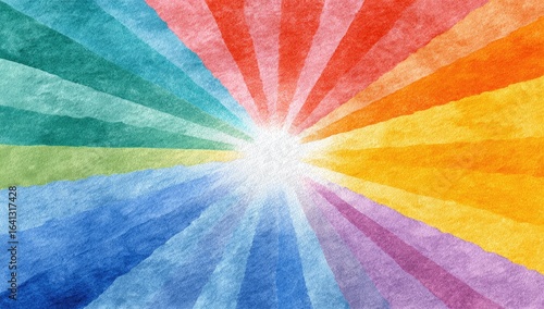 Watercolor rainbow burst background, vibrant colors, sun rays, design element