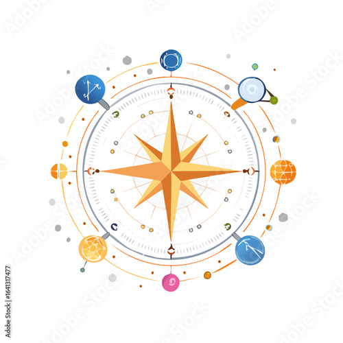 Compass Rose Navigational Astrological Chart Science Illustration on Black