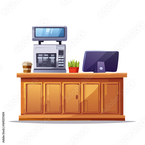 Cartoon reception desk with monitor cash register and coffee cup vector illustration Front view of wooden counter