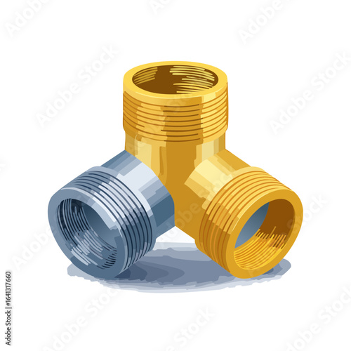 Isometric Metal Pipe Fitting with Threads Gold and Silver Mechanical Component