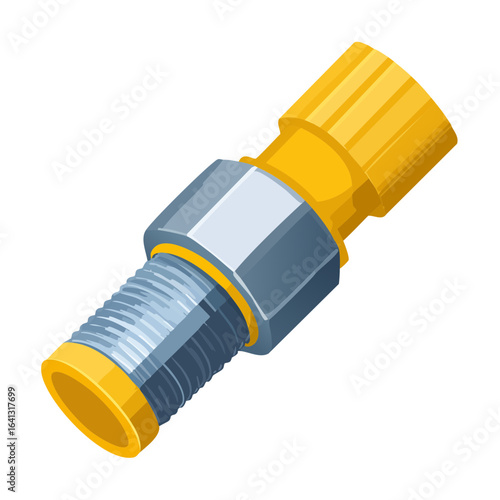 Isometric Yellow and Metal Pipe Fitting Industrial Connector on Black Background