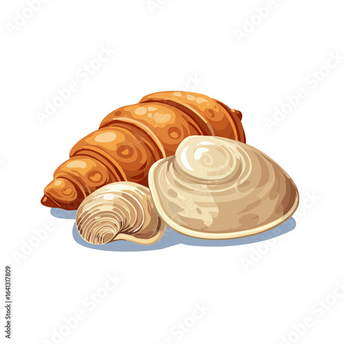 Artistic rendering of croissant and seashells against black background, highlighting culinary art and marine life.
