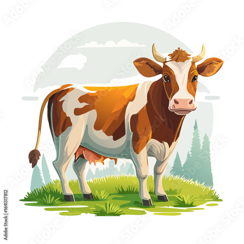 Brown and white cow standing on green pasture with forest background, cartoon style vector illustration