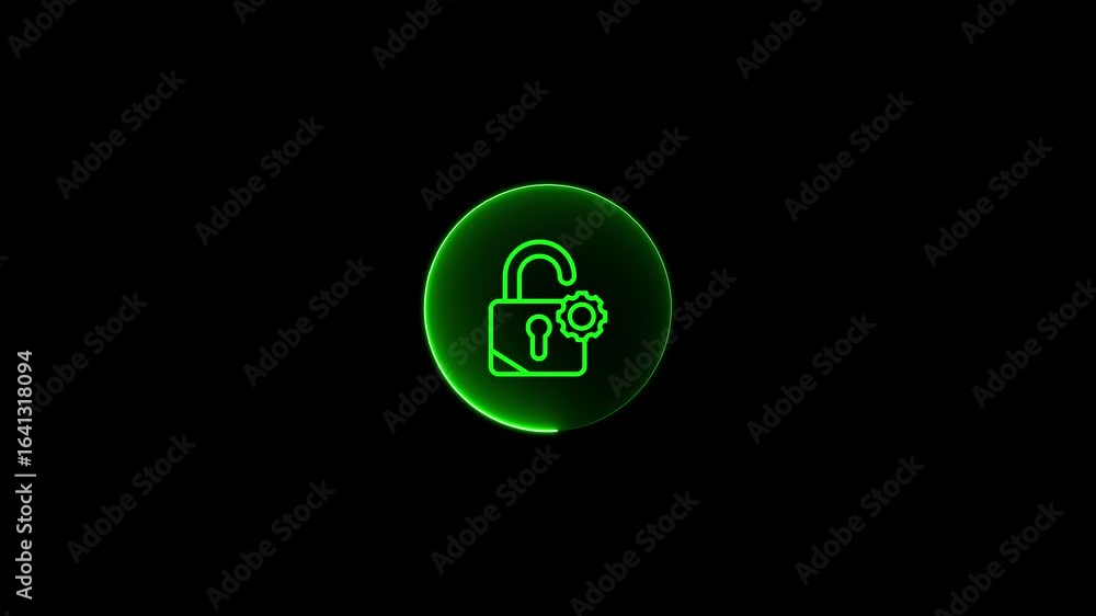 glowing green neon animation of an unlocked padlock icon with a settings gear. the luminous line-art symbol, representing security settings or access configuration, glowing green neon animation of an unlocked padlock icon with a settings gear. the luminous line-art symbol, representing security settings or access configuration,