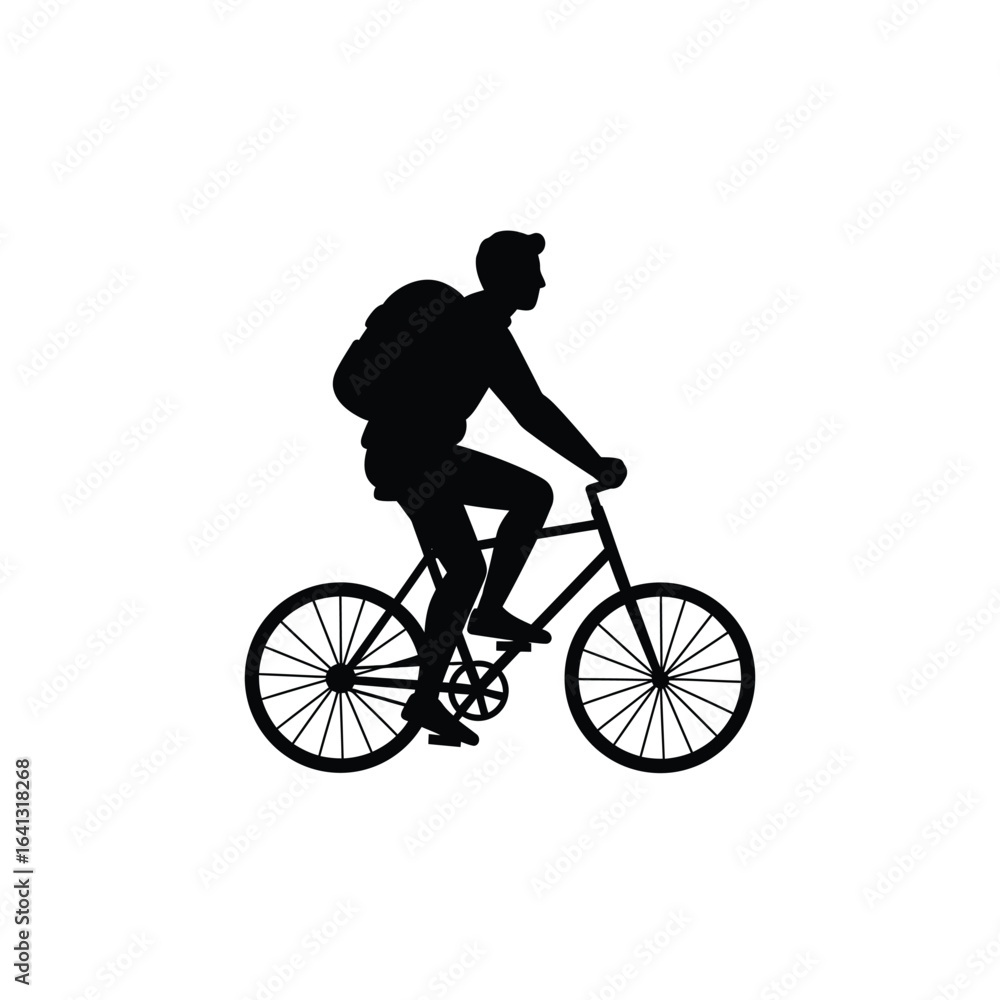 Fototapeta premium Silhouette of a man riding a bicycle with a backpack, isolated on white background