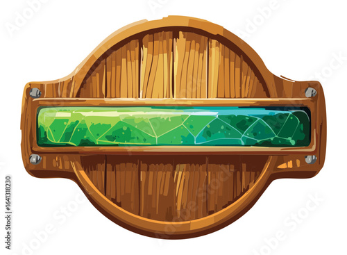 Illustration of a wooden game progress bar with a glowing green gem
