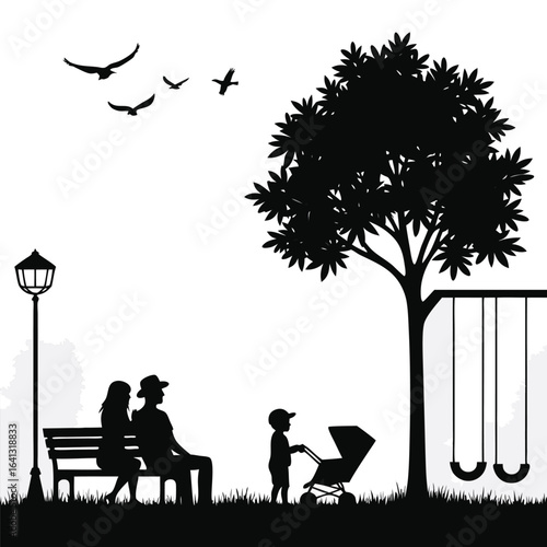 Family enjoying park with swings and birds flying parents