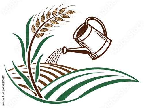 A stylized illustration of watering wheat crops. This vector graphic depicts a watering can pouring water onto stylized wheat fields.
